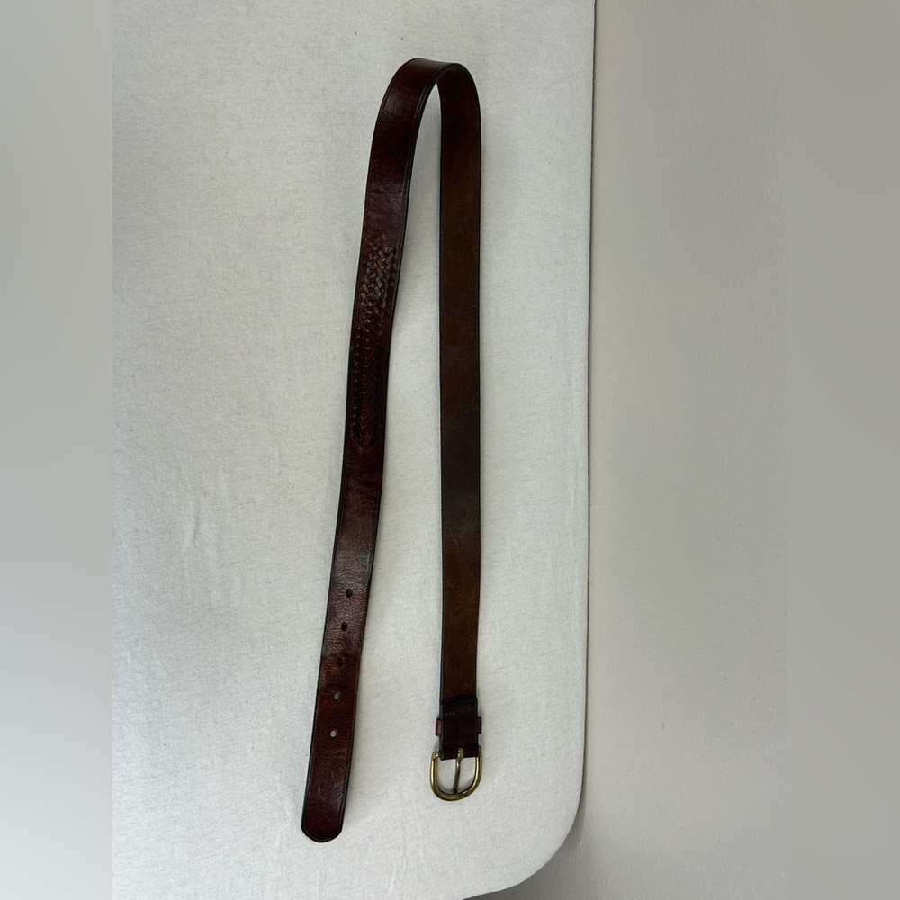 Vintage Brown Leather Belt with Brass Buckle Braided Accent Size 36/38 Mens - Picture 5 of 12